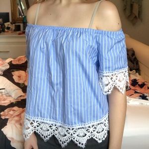 Shoulder-less blue and white shirt